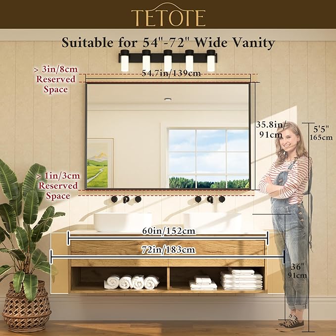 TETOTE Black Bathroom Mirror for Over Sink 55" x 36" Large Matte Black Beveled - Image 6