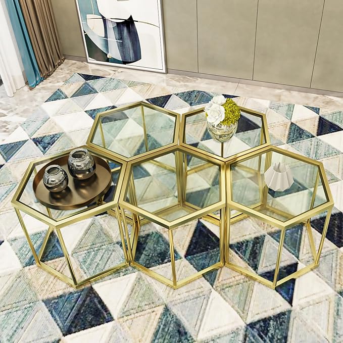 Gold Glass Coffee Table Modern Glass Center Table, Hexagon Free Combination - Image 4