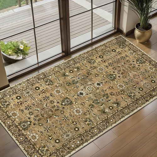 2x4 Washable Rug for Entryway, Vintage Floral Rug Non Slip Small, Indoor Front by Tangsoo