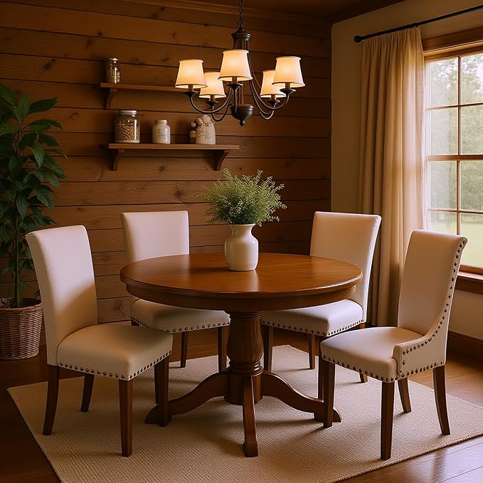 Set of 6 Beige Upholstered Dining Chairs – Farmhouse Kitchen Chairs - Image 9