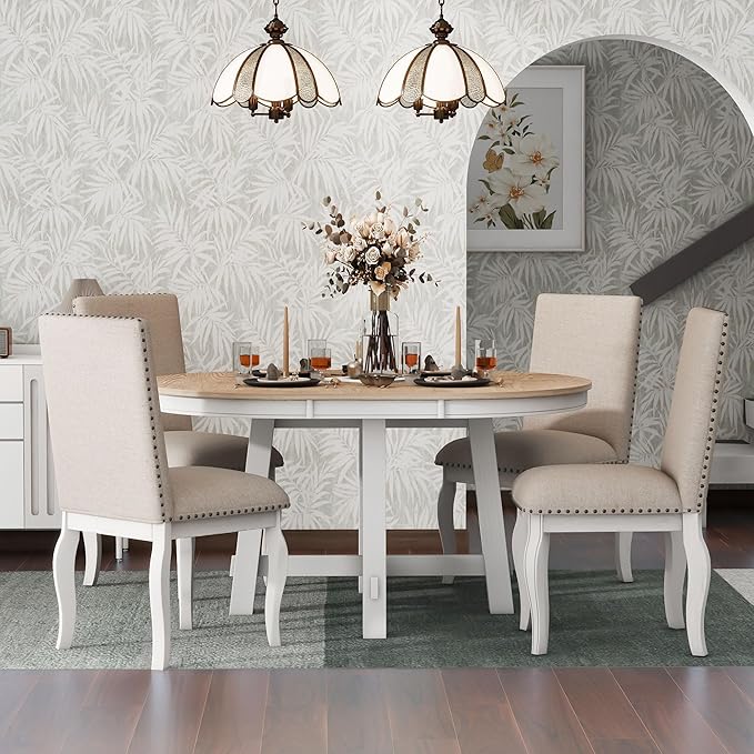 5 Pieces Dining Table Set with 43" Round Extendable Desk, Living Room Furniture - Image 3