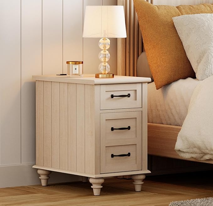 WAMPAT Beige End Table with Charging Station, Wooden Side Table with Storage by WAMPAT