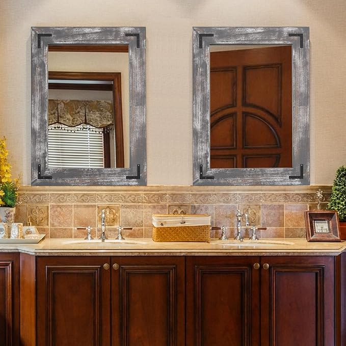 YOSHOOT Rustic Wooden Framed Wall Mirror, Natural Wood Bathroom Vanity Mirror - Image 5