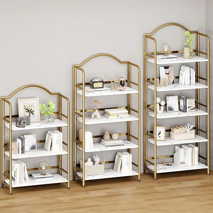 No-Assembly Gold Folding Bookshelf Storage Shelves 4 Tiers Vintage - Image 5