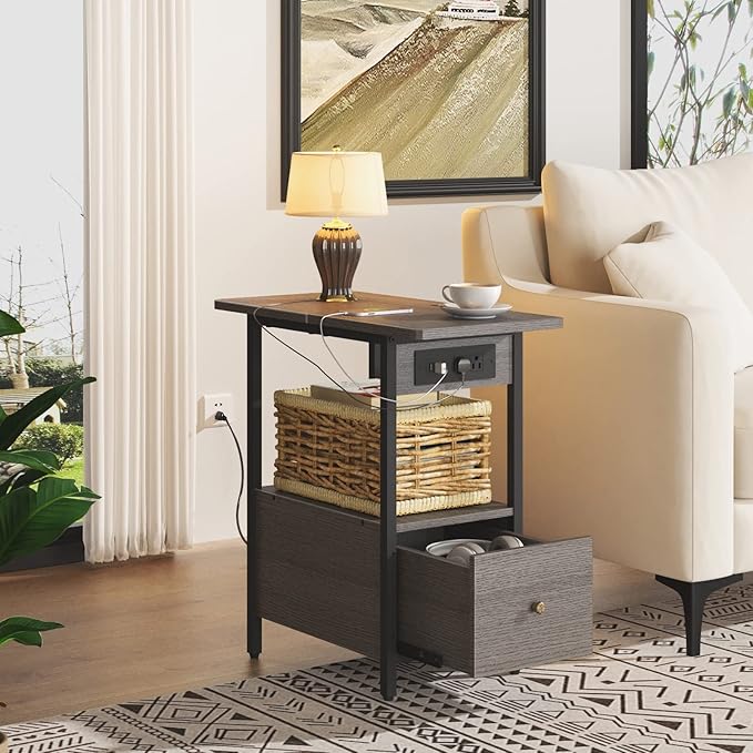 LIDYUK End Table with Charging Station, Narrow Side Table with Drawer and USB - Image 2