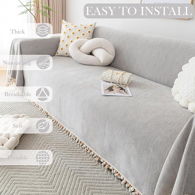 HANDONTIME Grey Sofa Cover for Couch Boho Couch Cover for 3 Seat Dog Couch - Image 3