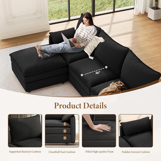 Vesgantti 142" U Shaped Sectional Couch, Comfy Cloud Modular Sectional Sofa - Image 4