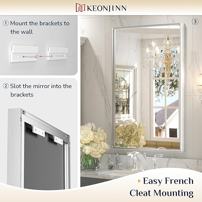 Keonjinn 48 x 24 in Brushed Silver Bathroom Vanity Mirror Rectangular Metal - Image 4