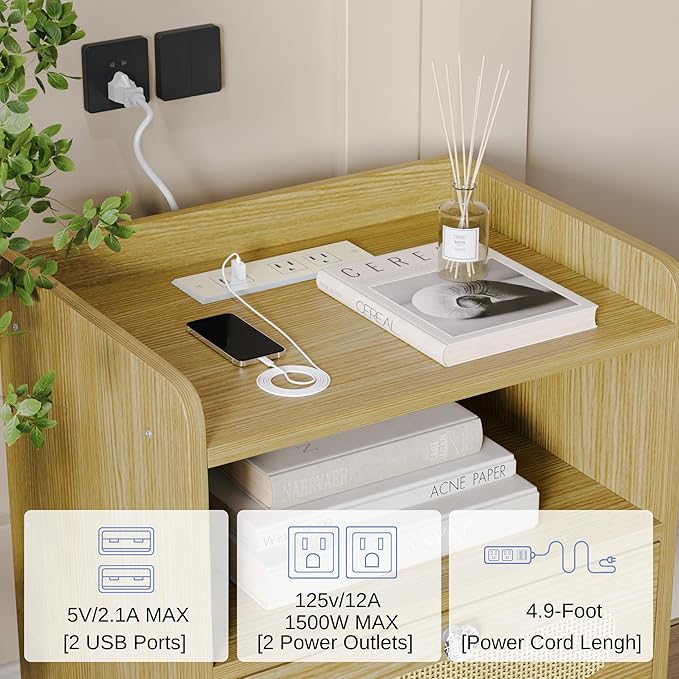 End Table with Charging Station, Nightstand with Diamond Handle and - Image 4