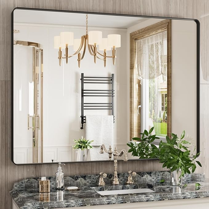Black Bathroom Mirror 48X36 Inch, Rounded Rectangle Matte Bathroom Vanity Mirror - Image 2
