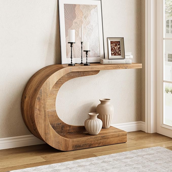 LITTLE TREE 43.3-Inch Farmhouse Console Table, 2-Tier C-Shaped Sofa Table - Image 3