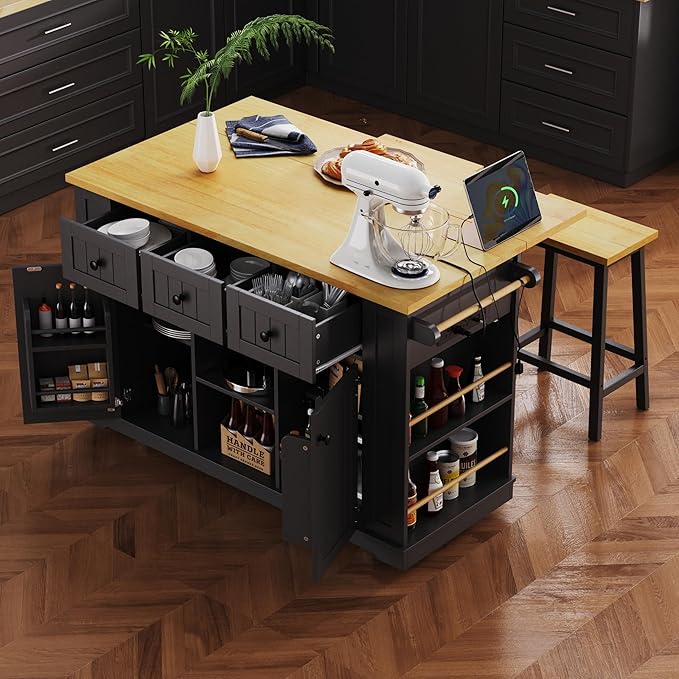 53" Large Kitchen Island with 2 Bar Stools, Power Outlet & Door Internal - Image 8