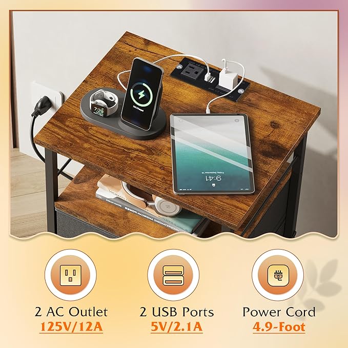 WLIVE Nightstand with Charging Station, Night Stand with 2 Fabric Drawers - Image 5