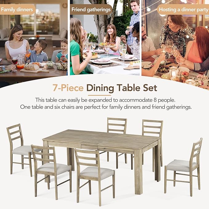 7-Piece Wooden Dining Set with Mutifunctional Extendable Table 12" Leaf and 2 - Image 4