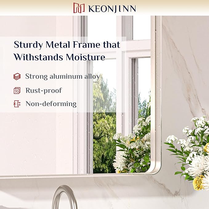 Keonjinn 48 x 36 Brushed Nickel Bathroom Vanity Mirror, Large Rounded Rectangle - Image 7