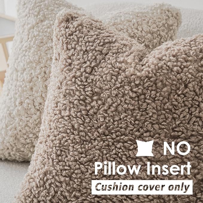 Foindtower 2 Pieces 22x22 Inch Khaki, Faux Fur Throw Pillow Cover Accent Sherpa - Image 3