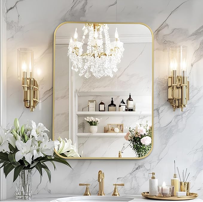MZON 20x30 Inch Brushed Gold Vanity Mirror, Rectangle Bathroom Mirrors by MZON