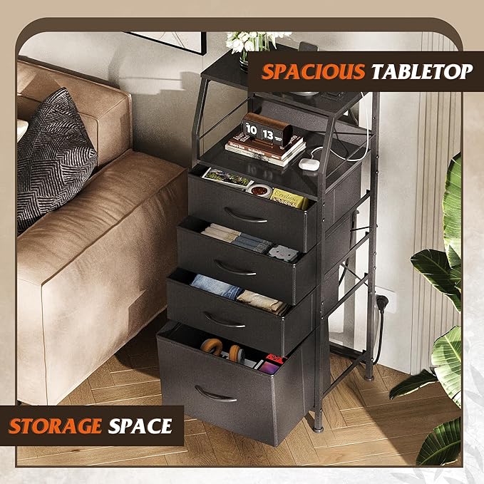 WLIVE Night Stand with Charger Station, LED Nightstand with 4 Fabric Drawers - Image 6