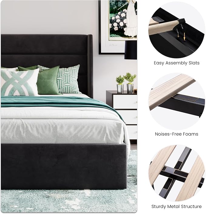 SHA CERLIN Queen Size Lift Up Storage Bed/Velvet Upholstered/Modern Wingback - Image 5