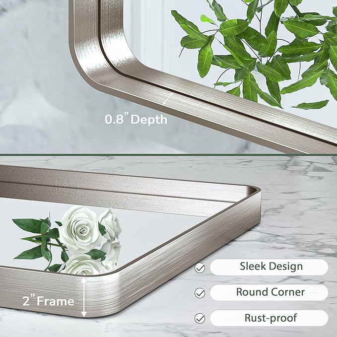 TokeShimi 24x32 Brushed Nickel Bathroom Wall Mirror Vanity Metal Frame Round - Image 4