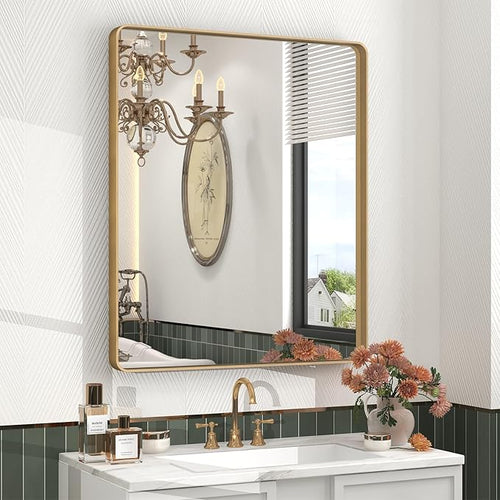 28x32 Gold Bathroom Mirror, Rounded Rectangle Gold Frame Mirror, Brushed Gold by CHARMOR
