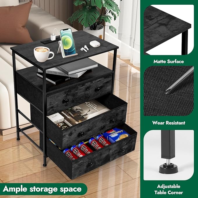3 Drawers Dresser with Charging Station, 24 Inch Wide LED Night Stand Set 2 - Image 4