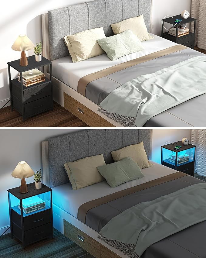 TUTOTAK LED End Table with Charging Station, Nightstand with Cloth Drawer - Image 8