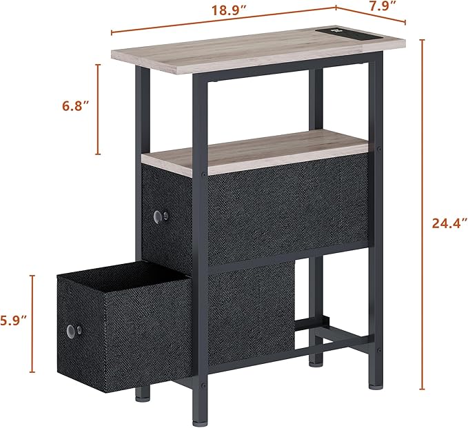 End Table with Charging Station, Narrow Side Table with 2 Fabric Drawers - Image 3