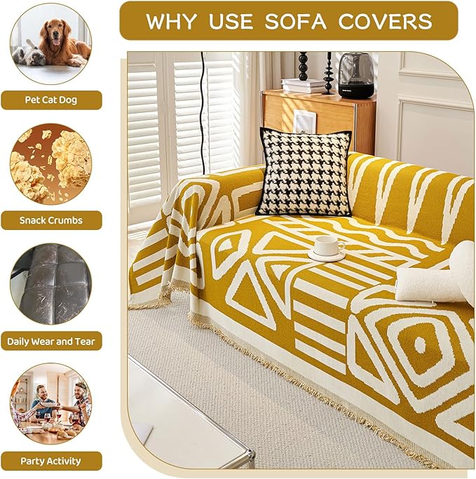 STACYPIK Mustard Yellow Boho Sofa Cover Couch Cover Reversible Jacquard - Image 5