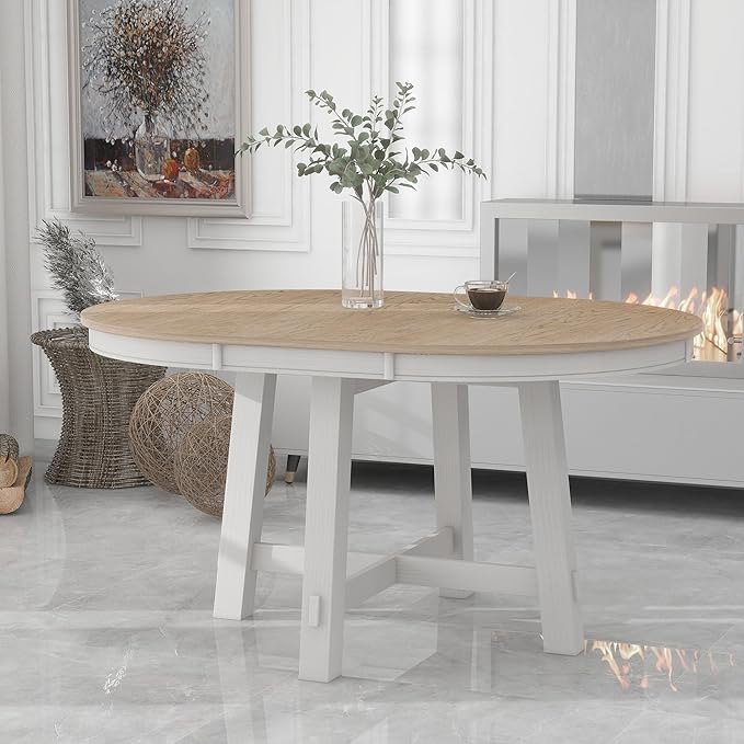 Farmhouse Round Dining Table for 4, Extendable Circle to Oval Wooden Tabletop - Image 3