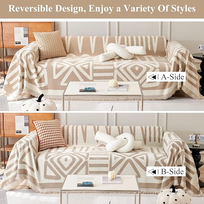 STACYPIK Thick Boho Sofa Cover Beige Khaki Triangle Plaid Couch Cover Skin - Image 2