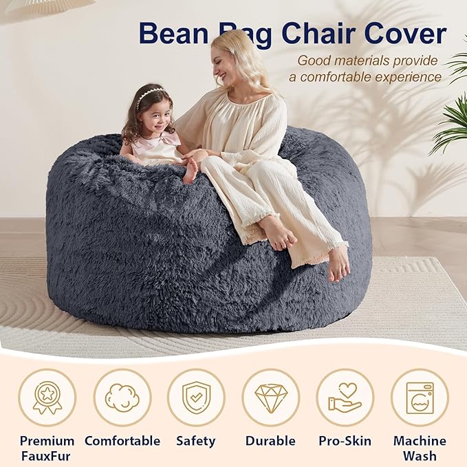 Bean Bag Chair Cover Soft Faux Fur Stuffed Animal Bean Bag Storage, Fluffy - Image 5