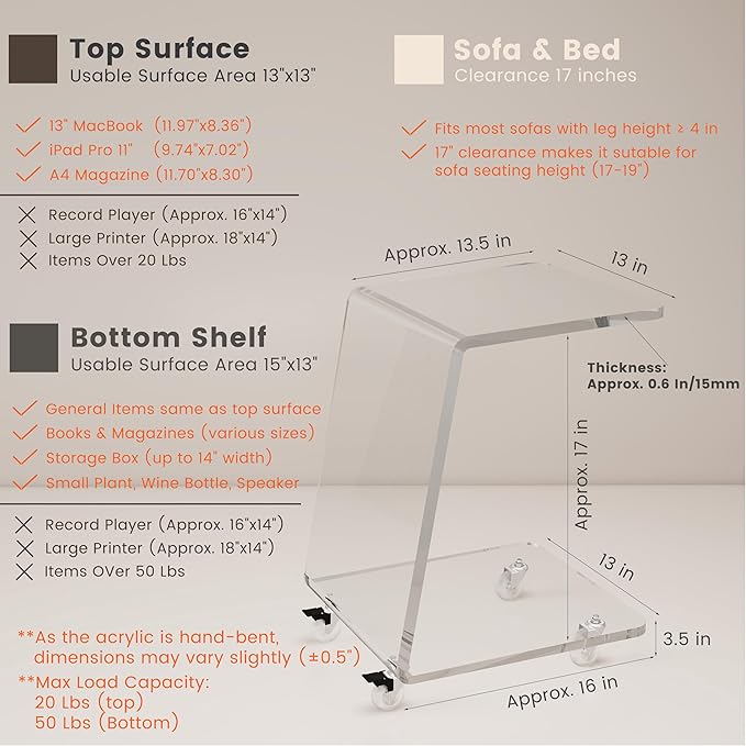 Modern Acrylic Side Table, Mobile C Shaped End Table - Image 2