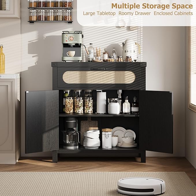 IDEALHOUSE Rattan Cabinet with Drawer, Sideboard with Synthetic Rattan-Accent - Image 3