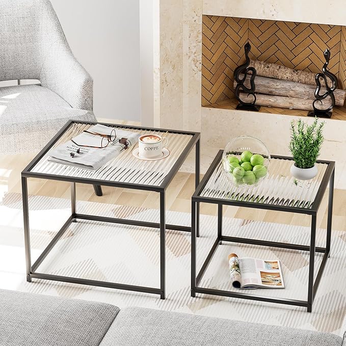 Garden 4 you Coffee Table Set of 2, Modern Patterned Glass Nesting Table - Image 4