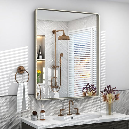 24x32 Inch Brushed Nickel Bathroom Mirror, Brushed Silver Metal Framed Wall by VANLIOBathroomMirror