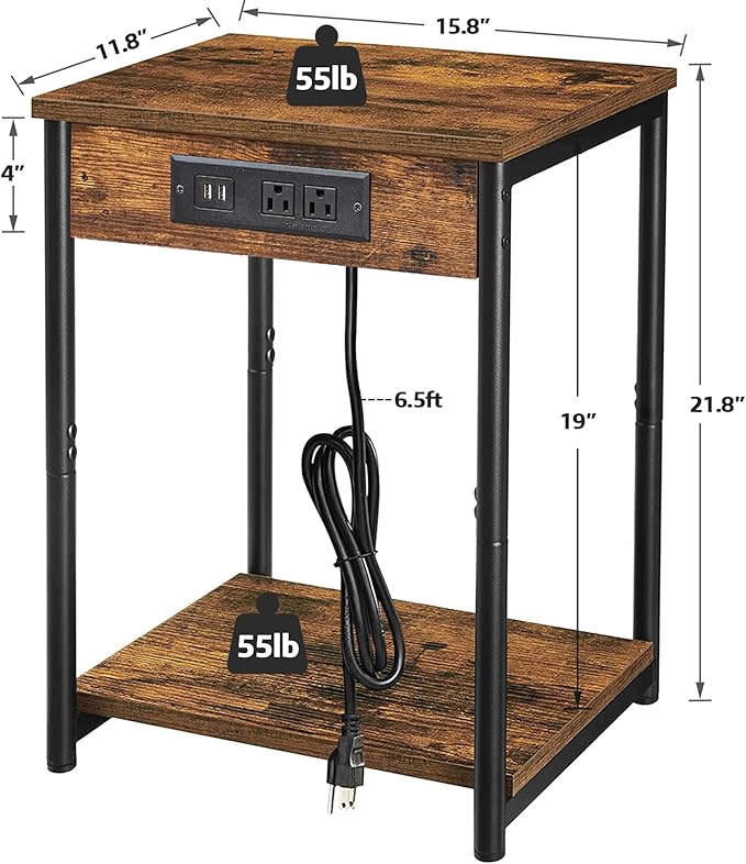 TUTOTAK Night Stand with Charging Station, End Table, Side Table with USB - Image 6