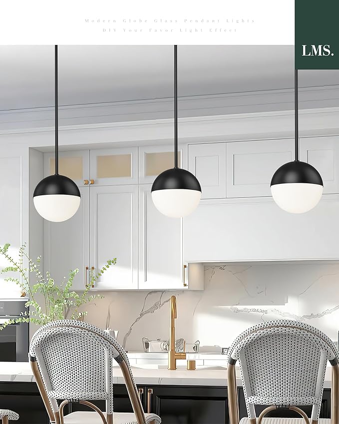 LMS 8-inch Black Pendant Lights Kitchen Island, Modern Globe Pendant Light - Image 7