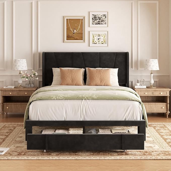 Queen Bed Frame with Storage Drawers, Upholstered Platform Bed with Headboard - Image 3