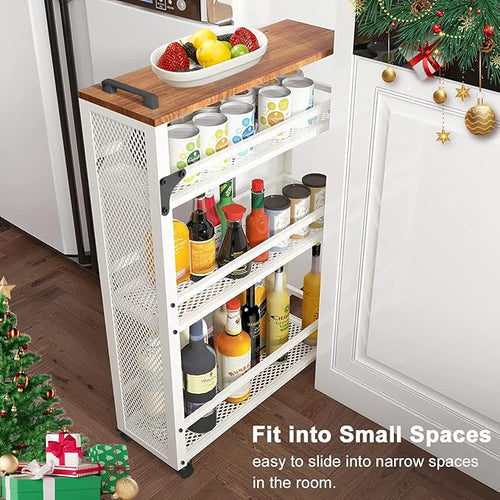 2025 New, Slim Kitchen Storage Cart, 3 Tier Metal Rolling Utility Cart Mesh - Image 2