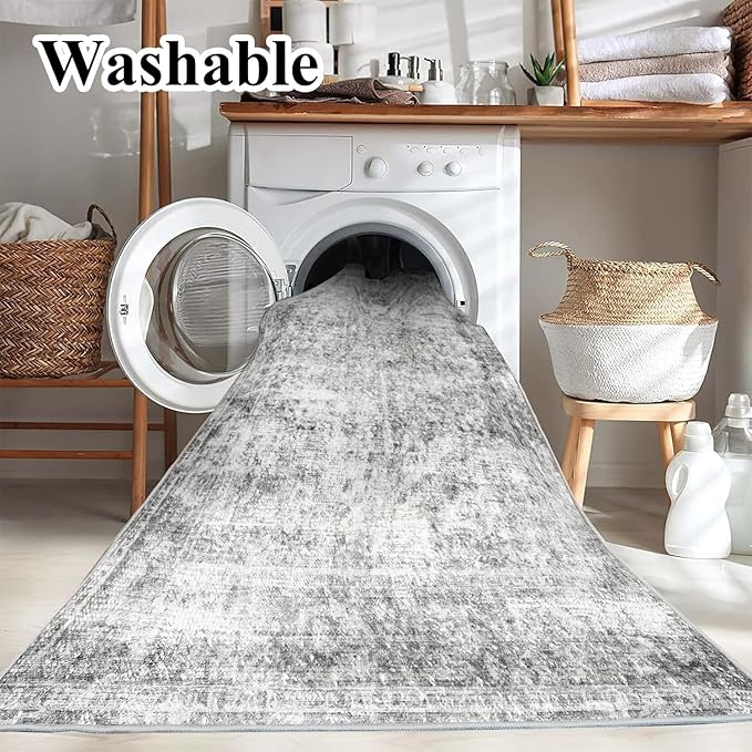 Area Rug 8x10 Washable Rug Gray Vintage Traditional Mat Distressed Indoor - Image 3