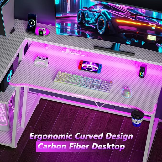 40 Inch Gaming Desk with Power Outlet & LED Lights, L Shaped Computer Gaming - Image 7