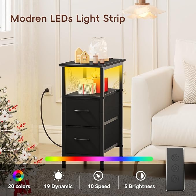 Vagusicc Black Nightstand with Charging Station and LED Lights, Narrow Side - Image 4