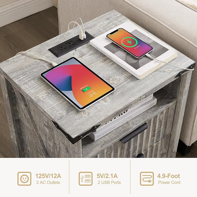 Grey Nightstand with Charging Station Set of 2-20 Inch Wide Farmhouse Fluted - Image 4