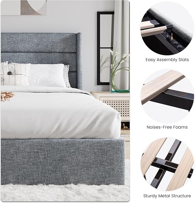 SHA CERLIN Queen Size Lift Up Storage Bed/Modern Wingback Headboard/Upholstered - Image 4