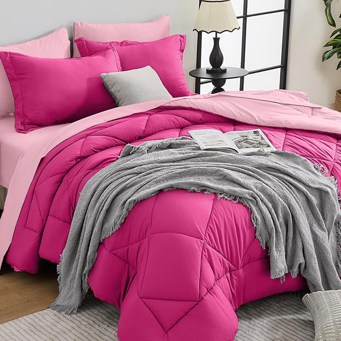 HEVUMYI Hot Pink & Baby Pink Queen Comforter Set by HEVUMYI