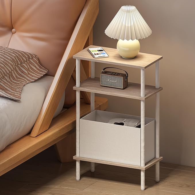 Narrow Side Table with Fabric Basket, Slim Nightstand with 3-Tier Storage Shelf - Image 8