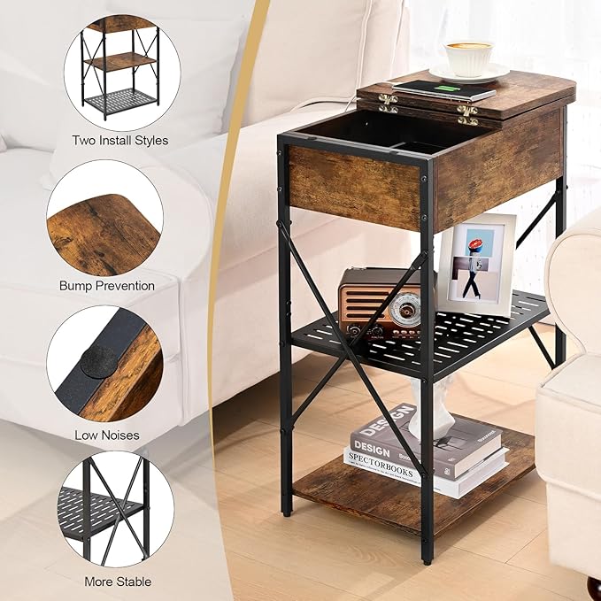 Narrow End Table with Charging Station, Side Table with 3 USB Ports and 2 AC - Image 5