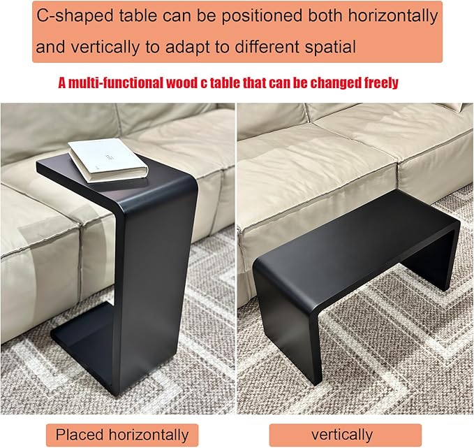 27.2" Black C Shaped Wood Tabl Set of 2, Space-Saving Slide Under Sofa Table - Image 3