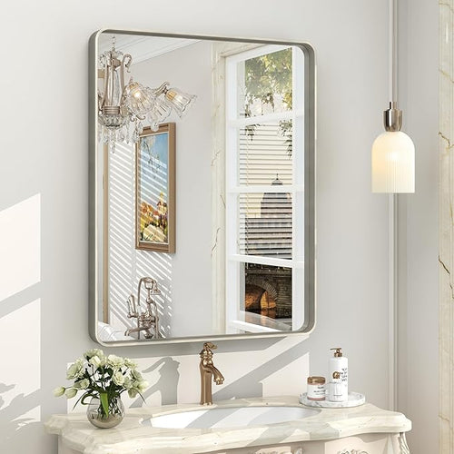 24x30 Inch Silver Bathroom Mirror, Brushed Metal Framed Vanity Mirror by CHARMOR